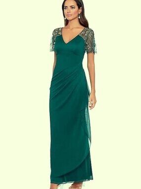 dress the population maxwell square neck long sleeve gown Dress the Population Maxwell Square Neck Mesh Long Sleeve Column Gown